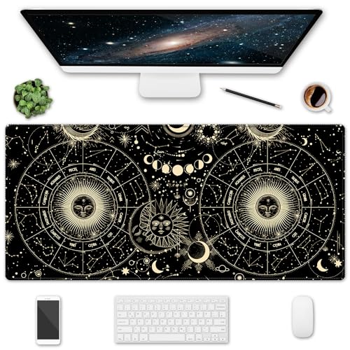 XXL Large Gaming Mouse Pad & Desk Protector (35.5"x15.75") with Non-Slip Base, Waterproof Surface | XXL Mouse Pad with Stitched Edges for Office Work, Gaming, Home Desk - Black Moon Sun - color: Black