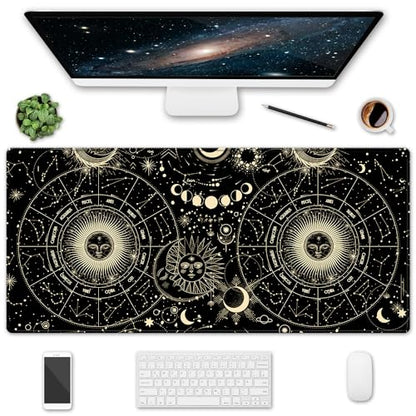XXL Large Gaming Mouse Pad & Desk Protector (35.5"x15.75") with Non-Slip Base, Waterproof Surface | XXL Mouse Pad with Stitched Edges for Office Work, Gaming, Home Desk - Black Moon Sun - color: Black