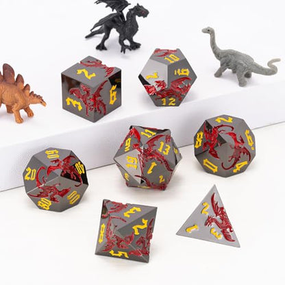 DND Metal Dragon Dice Set with Dragon, Metallic Polyhedral Dice Set for Dungeons and Dragons RPG TTRPG D&D Die with Gift Case (Dragon-Black Nickel Red) - color: Dragon-black Nickel Red