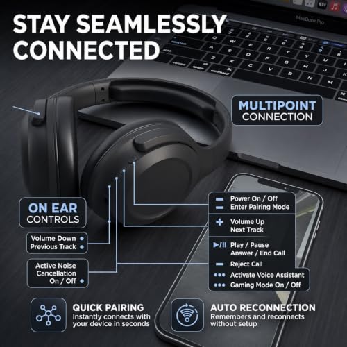 HyperGear Foldable Over-Ear Headphones - Wireless Bluetooth Headphones with Active Noise Cancelling, HD Audio, 40mm Drivers, and Deep Bass, Black - color: Black