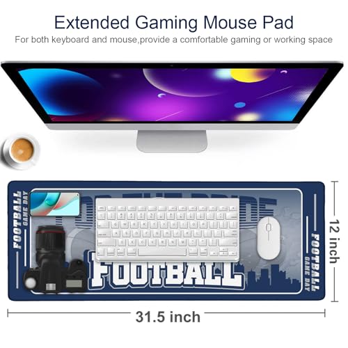 Football Desk Mat, Large Stitched Edges Gaming Mouse Pad, Blue White City Design Keyboard Mat for Laptop Computer Desktop - 31.5x12 Inch for Football Fans - color: Football Blue White