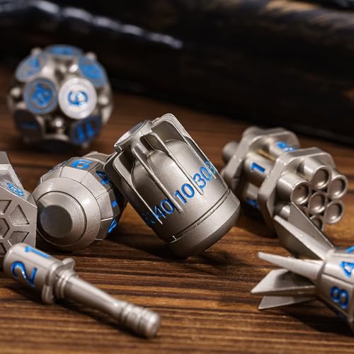 UDIXI Metal Dice Set 7PCS, Nickel Polyhedral D&D RPG Dice for Tabletop Game | Bomb Shape, Blue Numbers, Solid Metal, Cool Design, Leather Pouch Pakaging, for Dungeons and Dragons Role Playing Games - color: Nickel Blue