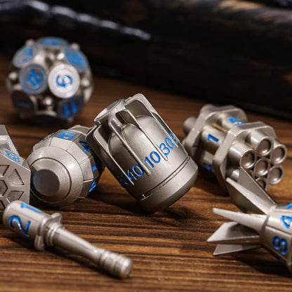 UDIXI Metal Dice Set 7PCS, Nickel Polyhedral D&D RPG Dice for Tabletop Game | Bomb Shape, Blue Numbers, Solid Metal, Cool Design, Leather Pouch Pakaging, for Dungeons and Dragons Role Playing Games - color: Nickel Blue