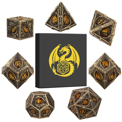 Metal Dice Set, Dragon Eye Theme, 7pcs Polyhedral Metal DND Dice Set, DND Starter Set, D&D Gifts with Gift Box, Role Playing Board Games Accessories, Bronze Amber - color: Bronze Amber With Gift Box