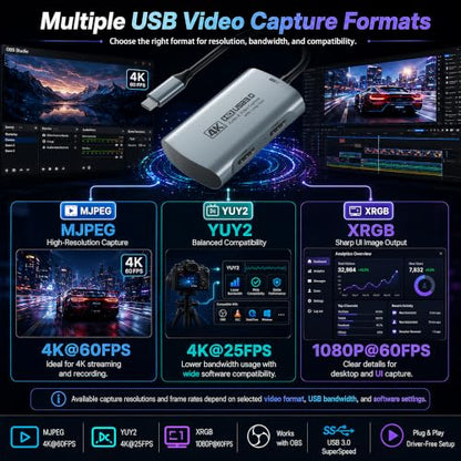 Guermok 4K@60FPS Capture Card for Streaming, 2K@120FPS USB 3.0 HDMI to USBC Camera Video Capture, 4K60 Passthrough, 3.5mm Audio in & Mic Out, Works with Switch 2/1, PS5/4, Xbox, Pad, Mac, PC