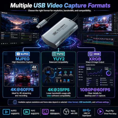 Guermok 4K@60FPS Capture Card for Streaming, 2K@120FPS USB3.0 HDMI Capture | for USBC Camera Video Capture, 4K60 Passthrough, 3.5mm Audio in & Mic Out, Works with Switch 2/1, PS5/4, Xbox, Pad, Mac, PC - color: silver