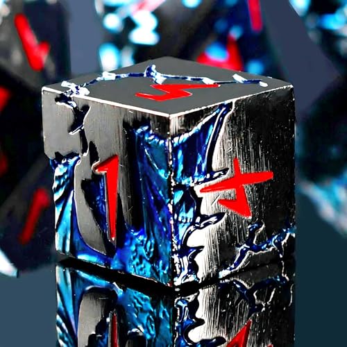 Blue Dragon Metal DND Dice Set, 7 Piece Weighted Polyhedral Dice for Dungeons and Dragons, Heavy Zinc Alloy RPG Dice with Engraved Numbers & Storage Gift Case for Pathfinder MTG Role Playing Games - color: Black Red