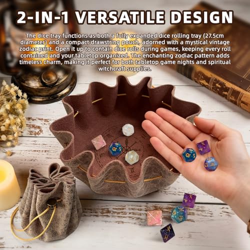 Leather Dice Tray with Zodiac Printed, 2-in-1 Collapsible Dice Rolling Tray & Drawstring Pouch, Portable Dice Bag for Tabletop Games, Rune Crystal Holder & Jewelry Storage - color: Pcd06y