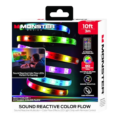 Monster 10ft Sound Reactive LED+IC Strip Lights, RGB Color Changing Music Sync Light Strip with IR Remote Control, Multicolor Ambient Lighting for Bedroom, Gaming Room, TV, Desk & Home Decor