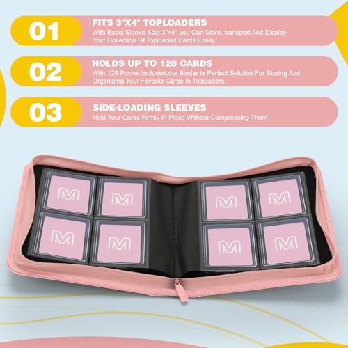Toploader Binder,4-Pocket Side Load Trading Card Album, Holds 128 Cards | Top Loader Binder with Double-Sided Pockets for MTG, Sports Cards, Top Loader Storage（4 Pink） - color: 4Pink4