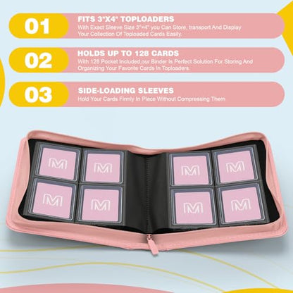 Toploader Binder,4-Pocket Side Load Trading Card Album, Holds 128 Cards | Top Loader Binder with Double-Sided Pockets for MTG, Sports Cards, Top Loader Storage（4 Pink） - color: 4Pink4