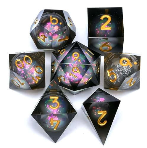 Dungeons and Dragons Liquid Core Dice Set D&D, Polyhedron DND Resin dice Set, Used for Role-Playing dice Magic Pathfinder Game DND dice Set (7 Pieces) - color: S Zhi-gold +Black Gold