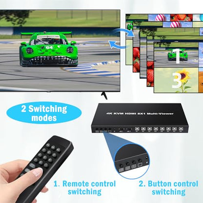 HDMI MultiViewer 8x1 with KVM Function, 4K@30Hz HDMI Quad MultiViewer Share 8 Computers simultaneously, Allowing Them to Share a Set of Keyboard and Mouse simultaneously, with IR Remote Control - size: 8x1 HDMI Multiviewer Switch with KVM