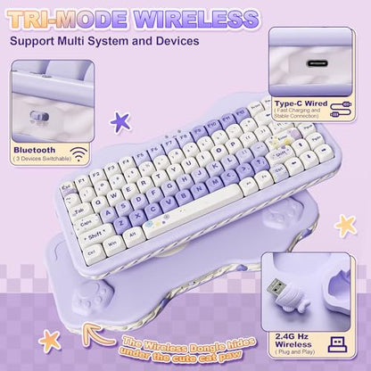 YUNZII C75 Wireless Mechanical Keyboard,75% Layout, Hot-Swappable NKRO,BT5.0/2.4G/USB-C Mode,Dye-Sub PBT MOA Keycaps,RGB Gasket Mount,Cute Cake Design for Mac/Win/Gaming (Purple, Milk V2 Switch) - color: Purple, size: Milk V2 Switch