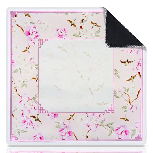 Pink Mahjong Mat with Rules Noise Mah Jongg Mat for Table, 31.5x31.5 Inch | Neoprene Mahjong Mat, Floral and Bird Pattern, Non-Slip Base, Noise-Reducing, Mahjong Table Cloth Ideal for Mahjong - style: Flowers & birds