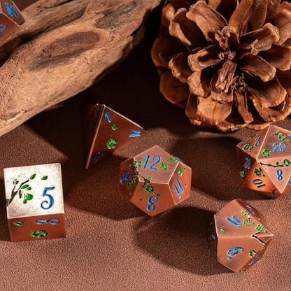 UDIXI Metal DND Dice Set Copper, 7PCS Metal Polyhedral Dice Set for D&D RPG | Green Flower, Metal Case Packaging, Heavy Metal Dice, D&D Gift, for Dungeons and Dragons Role Playing Games Tabletop Games - color: Flower/Copperblue