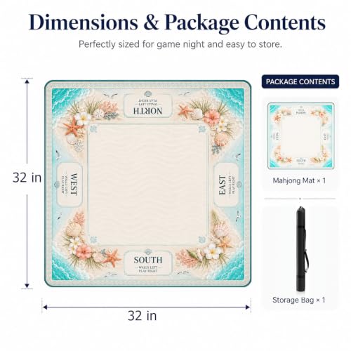Beach Sea Shell Mahjong Mat,Non Slip American Mah Jongg Table Mat | 32in soft neoprene mah jongg mat reduces tile noise protects tabletops & packs easily for game nights or a thoughtful gift - color: 018