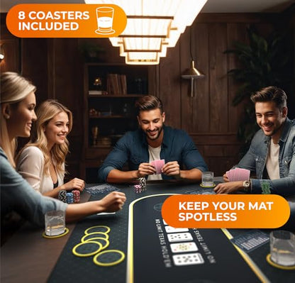 Newverest Poker Table Top 70" x 35", Texas Hold'em Poker Mat for Home Game Nights Up to 10 Players, Casino| Poker Topper Cloth for Tables in Zipper Storage Bag with 8 Coasters in Poker Gift-Ready Box - color: Black