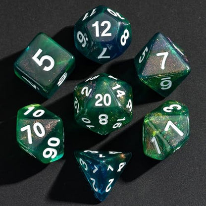 7-Die DND Dice Set Polyhedral Dice Set with a Leather Dice Bag, D&D Dice Set for RPG Table Games (Blue & Green) - color: Blue & Green