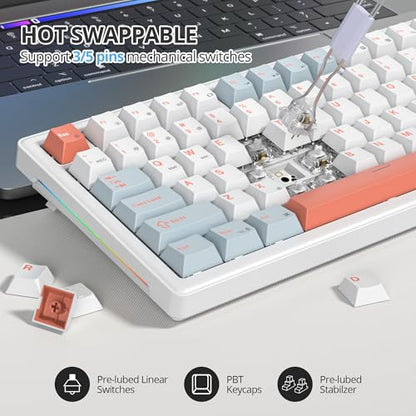 75% Mechanical Keyboard Gasket with Knob, Custom Wired Creamy Gaming Keyboard TKL 75 Percent Hot Swappable RGB Backlit, Pre-lubed Switch for Win/MAC PC Laptop（Salmon/White） - color: Salmon/White Switch