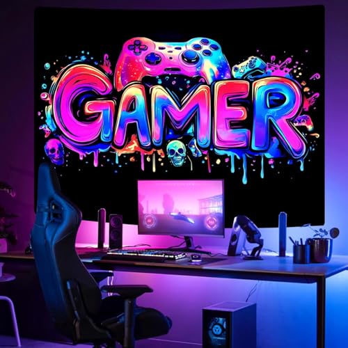 SparkLia Gamer Gaming Tapestry, Blacklight Game Controller Horror Skull Wall Hanging, UV Reactive Skeleton Glow in the Dark Wall Decor for Bedroom, Living Room - 59" x 80" - color: Gamer Skull, size: 80"L x 59"W