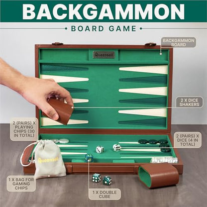 Backgammon Sets for Adults 15 Inch – Premium Faux Suede Leather Backgammon Board Game Set with 32 Chips, Dice Cups & Doubling Cube – Portable Travel Backgammon Set