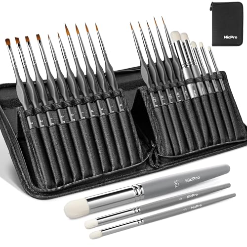Nicpro Miniature Paint Brushes Dry Brush, 20PCS Model Paint Brush Set | For Acrylic, Oil, Watercolor, Detail Paint Brushes for Model, Miniature Painting & Paint by Numbers, with Nylon Brush Case - size: 20 PCS