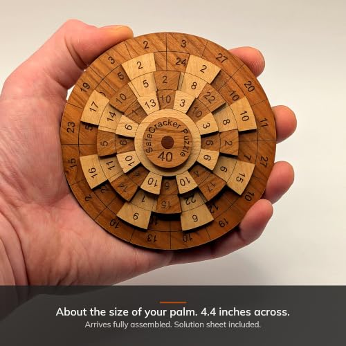 Creative Crafthouse Safecracker 40 Brain Teaser Puzzle for Adults, USA Made | Four rotating wooden rings, Align all 16 columns to one shared sum. A palm size number challenge for the desk or office - style: Safecracker 40