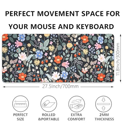 Strawberry Flowers Mouse Pad Desk Pad,Extended Gaming Mouse Mat with Stitched Edges Non-Slip Waterproof Rubber Base Mous Mat for Office,Computer,Keyboard,Laptop and Home Desk Pad(27.5X11.8 in) - color: Flowers and Strawberries