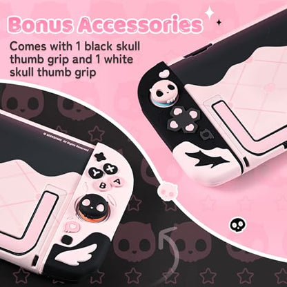 Geekshare Protective Case Set Compatible with switch 2, PC Back Plate with Silicone Joysticks Covers, Includes 2 Thumb Grips, Waterproof Protection - Sweetheart Skull (Black & Pink) - size: for Switch 2