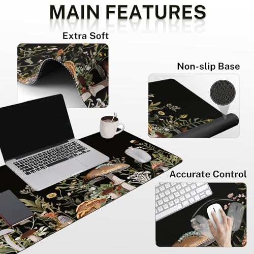 Britimes Black Mushroom Floral Keyboard Mouse Pad Set Plant Flower 4in1 Large Mousepad+Keyboard Wrist Rest+Mouse Wrist Rest+Coaster Ergonomic Design for Home Office Computer 35.4x15.7 inches - color: Black Mushroom Floral