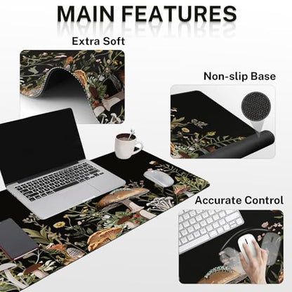 Britimes Black Mushroom Floral Keyboard Mouse Pad Set Plant Flower 4in1 Large Mousepad+Keyboard Wrist Rest+Mouse Wrist Rest+Coaster Ergonomic Design for Home Office Computer 35.4x15.7 inches - color: Black Mushroom Floral