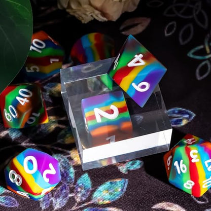 7-Piece Jumbo Silicone DND Dice Set, 25mm Oversized D&D Dice | Round Edges Soft Perfect Bouncer Compatible with Dungeons and Dragons RPG Bar Pub Club Party Games - color: Rainbow W/White Numbers