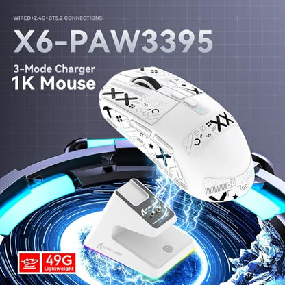 ATTACK SHARK X6 Lightweight Wireless Gaming Mouse with RGB Backlight Charging Base,Tri-Mode Wired/2.4GHz/BT5.2,26K DPI, PAW3395 Optical Sensor,HUANO Switch,5programmable Buttons,PC/Mac(White+Sticker) - color: White, size: Mouse with Anti-slip sticker