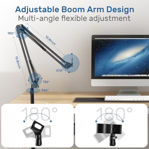 Microphone Stand Floor with Tray & Boom Arm, 5.5lbs Weighted Base | Height Adjustable Studio/Podcast Mic Stand w/ 3/8'' to 5/8'' Adapter & 2 Mic Clips Compatible with Blue Yeti QuadCast AT2020