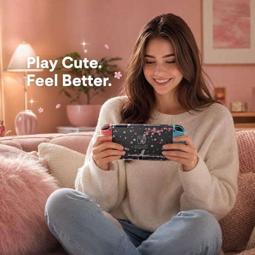 ECHZOVE Cute Glitter Switch Case with Cherry Blossom Flowers – Clear Dockable Protective Cover with Screen Protector & Thumb Grips, Aesthetic Pink Gaming Accessories Gift for Girls - color: Flower
