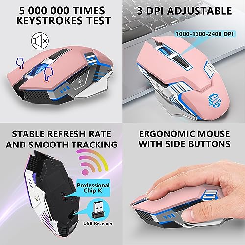 Bluetooth Wireless Gaming Mouse, RGB Rechargeable USB Wireless Mouse, Quiet Click, LED Backlit, Ergonomic, with Side Button, DPI Adjustable Computer Mice for Laptop PC MacBook Chromebook - Pink - color: pink