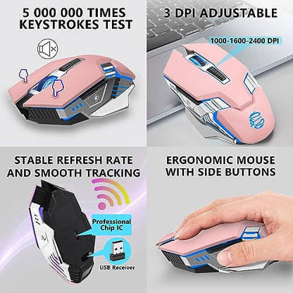 Bluetooth Wireless Gaming Mouse, RGB Rechargeable USB Wireless Mouse, Quiet Click, LED Backlit, Ergonomic, with Side Button, DPI Adjustable Computer Mice for Laptop PC MacBook Chromebook - Pink - color: pink