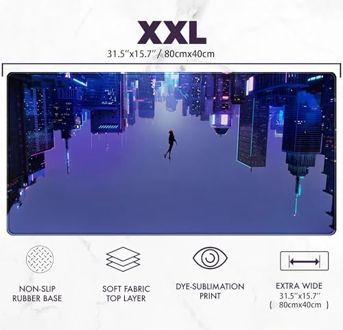 Anime Desk Mat XXL Gaming Mouse Pad, Extended Keyboard Mat, Full Desk Accessories, 31.5"x15.75" - color: Blue-purple City