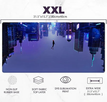 Anime Desk Mat XXL Gaming Mouse Pad, Extended Keyboard Mat, Full Desk Accessories, 31.5"x15.75" - color: Blue-purple City
