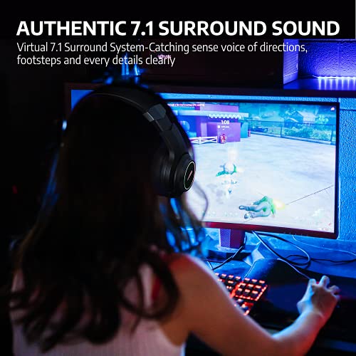 AIHOOR Gaming Headset with Virtual 7.1 Surround Sound,Over Ear Headphones,Noise Cancelling Microphone,Ultra-Low Latency Games & LED Light Soft Memory Protein Earmuffs for PC Mac Computer Games- Black