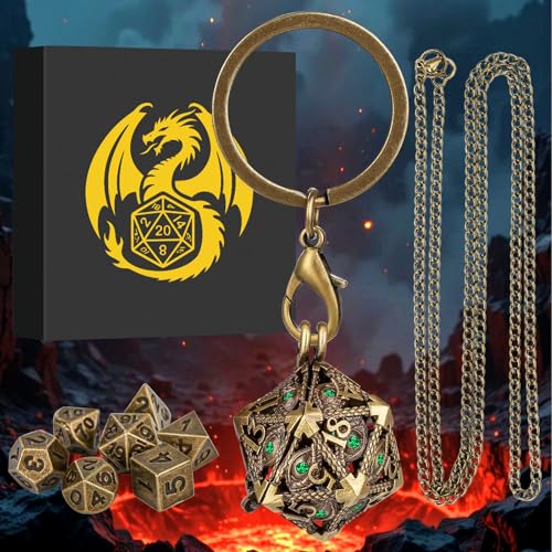 Mini DND Dice Set with Hollow D20 Metal Case Portable Keychain Necklace, Tiny 7pcs Polyhedral D&D Dice Set, DND Gifts with Gift Box, D&D Accessories for RPG（Green Diamond, Bronze） - color: Bronze