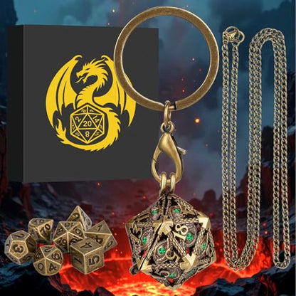 Mini DND Dice Set with Hollow D20 Metal Case Portable Keychain Necklace, Tiny 7pcs Polyhedral D&D Dice Set, DND Gifts with Gift Box, D&D Accessories for RPG（Green Diamond, Bronze） - color: Bronze