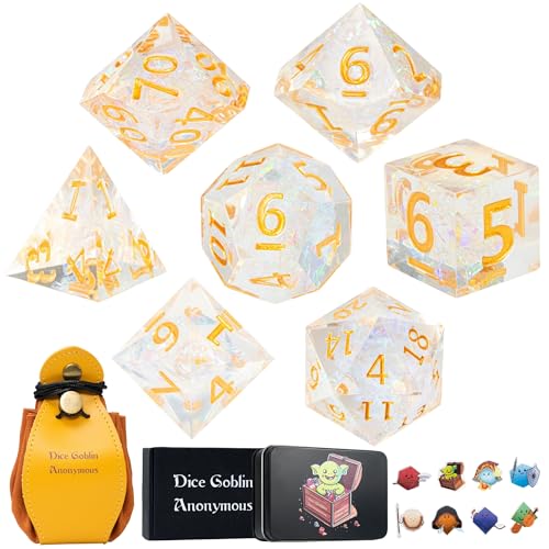 DND Dice Set 7pcs Sharp Edge Resin Polyhedral Dice for Dungeons & Dragons Bundled with Dice Pouch/Tray, and Stickers (Celestial Gleam)