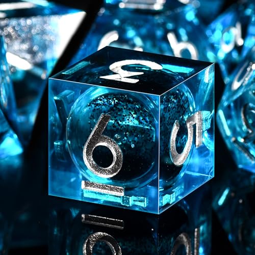 AUSTOR Liquid Core DND Dice Set, 7-Die Sharp Edge Polyhedral Dice Quicksand Handmade Resin Dices for Dungeons and Dragons RPG MTG Table Games, Blue & Black, Silver - color: Blue & Black，silver