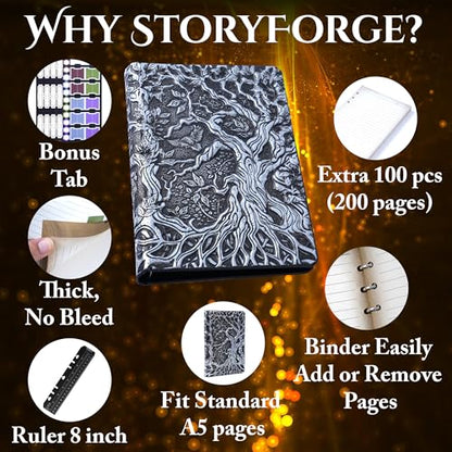 Notebook Journal, Refillable Binder for DND - 3D Tree of Life Design (A5) | A5 400 Pages (200 Sheets), Perfect for Dungeons and Dragons (D&D), Bonus Tabs and Ruler, for Players and DM's - color: Silver