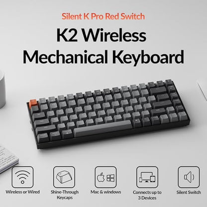 Keychron K2 75% Layout Bluetooth Wireless Mechanical Gaming Keyboard Silent K Pro Red Switch/White LED Backlit/USB C/Anti Ghosting/N-Key Rollover, 84 Keys, for Mac Windows - color: Keychron Silent K Pro Red Switch
