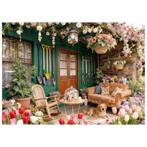 Puzzle for Adults 1000 Piece Rustic Garden Shed Porch with Golden Retriever | Colorful Flowers Vintage Tools,Relaxing Cottagecore Scenery Puzzle for Family Game,Letters on Back,HD Poster 27.5x19.6in - color: Garden Retreat