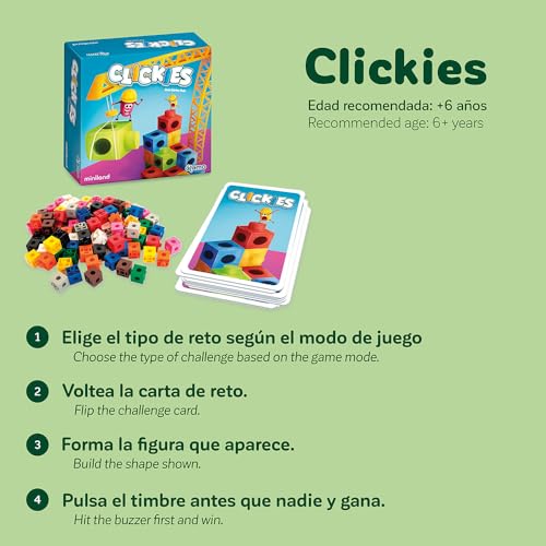 Miniland Creative Board Games for Kids +6 Years, Fun Family Games with Cards & Polycube Challenges, Encouraging Creativity, Speed and Family Fun, Kids Toys, Up to 4 Players | Clickies - color: Clickies