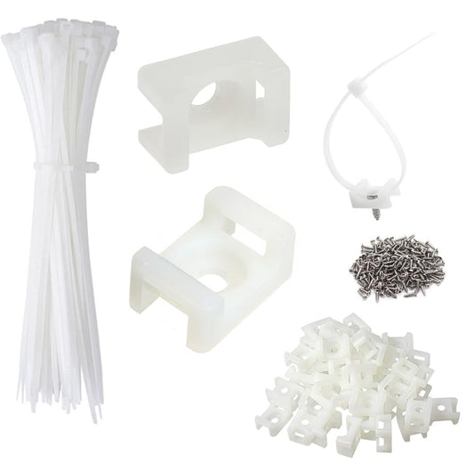 Cable Zip Tie Mounts Kit - 60 Set Wire Cable Clips Organizer Holders with 8" Cable Ties, Saddle Type Mounts Base and Tapping Screw - color: White, size: 8" - 60 Set
